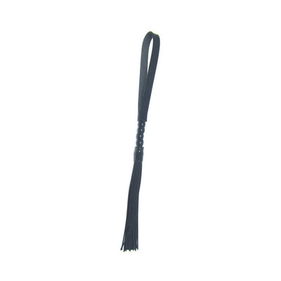 Black faux leather flogger with wooden beaded handle and wrist loop for beginner sensory play.