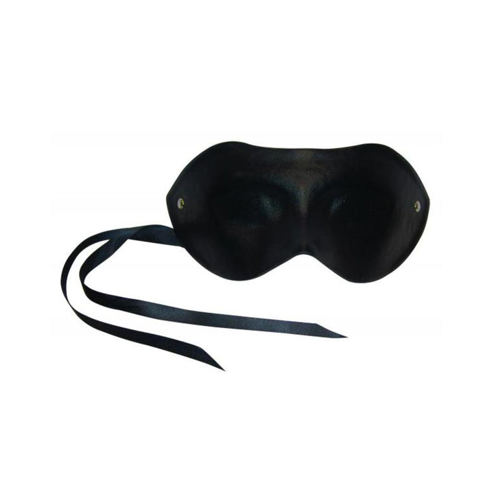 Black S&M blackout mask with no eye holes, featuring metal studs and adjustable ribbon ties for secure fit.