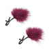 Pair of black adjustable nipple clamps with soft burgundy feather accents on a white background.