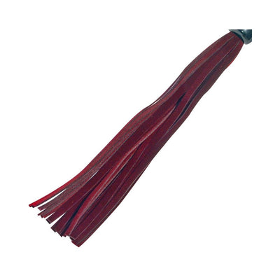 Close-up of red and black multi-strand flogger strands with a smooth handle end on a white background.
