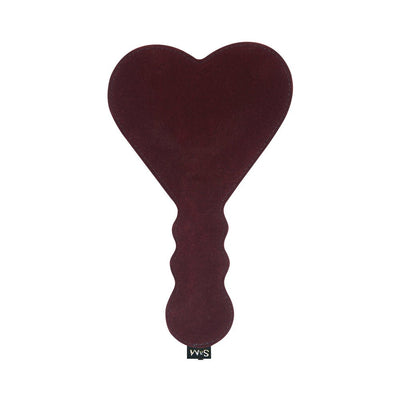Heart-shaped burgundy suede paddle with contoured handle and S&M logo tag on white background.