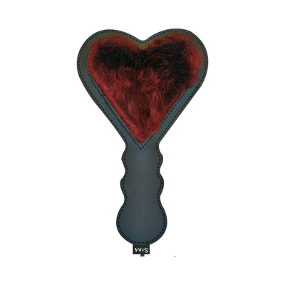Heart-shaped paddle with black handle and burgundy vegan fur center detail.