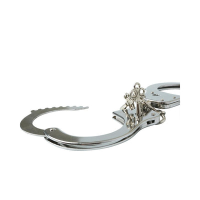 Nickel-free metal handcuffs with keys, featuring a secure locking mechanism and quick release on a white background.
