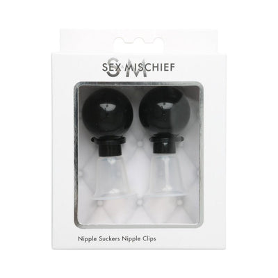 Pair of black and clear S&M nipple suckers with squeezable bulbs in white retail packaging.
