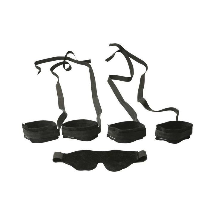 Black soft fabric wrist and ankle cuffs with adjustable straps and a matching black blindfold set on white background.