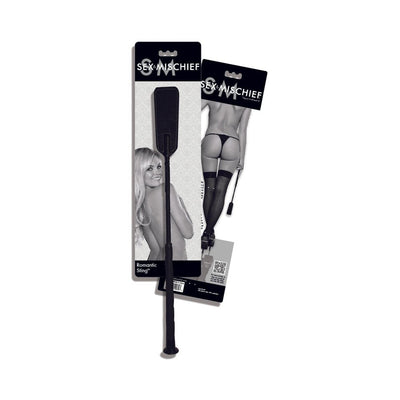S&M Romantic Sting Crop in black with textured handle, displayed on packaging featuring playful black and white images.
