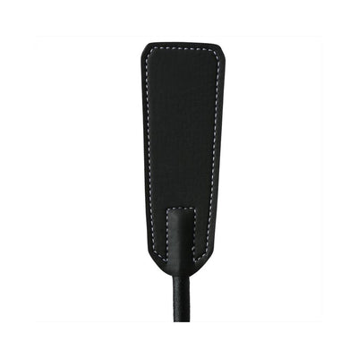 Close-up of black leather sting crop with white stitching and textured handle.