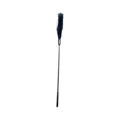 Black rubber tickler with multiple thin strands and a slim handle for sensory play.