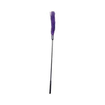 S&M rubber tickler with black handle and seven-inch purple rubber strands for sensory play.