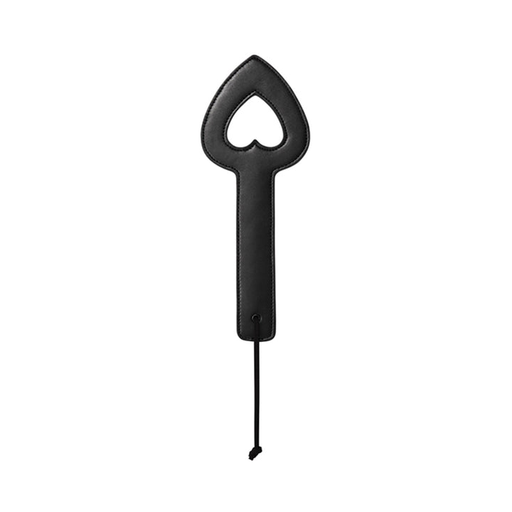 Black heart-shaped paddle with a cutout center and wrist strap for impact and sensory play.