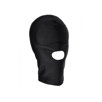 Black sensory deprivation hood with padded eye area and open mouth design for intimate play.