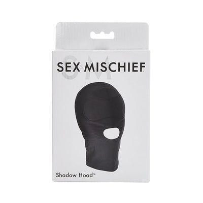Packaging of the Sex & Mischief Shadow Hood in black, featuring a full head covering with eye padding and a mouth opening.