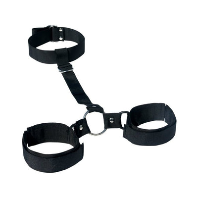 Black adjustable nylon neck collar and wrist cuffs connected by a strap with metal rings for versatile restraint play.