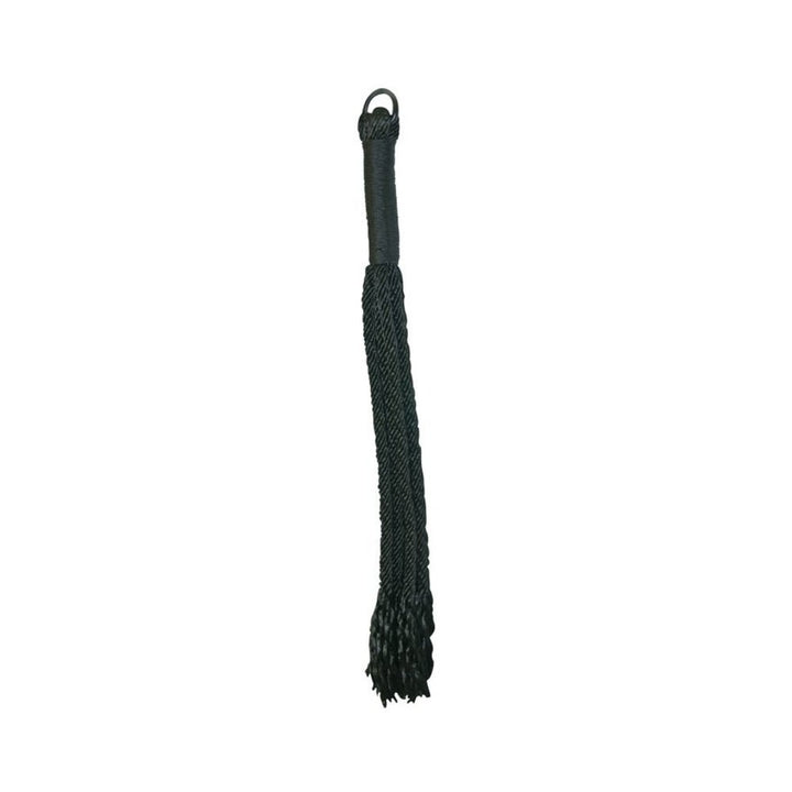 Black rope flogger with a wrapped handle and multiple frayed falls for sensory play.