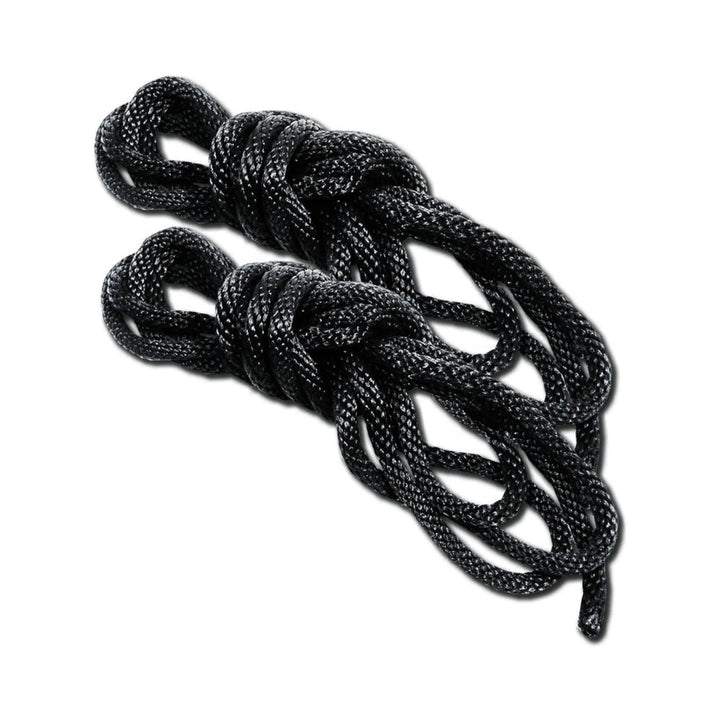 Two neatly coiled black silky ropes designed for Shibari rope bondage, shown on a white background.