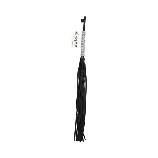 Black flogger with multiple soft tails and a sparkling rhinestone handle for a secure grip.