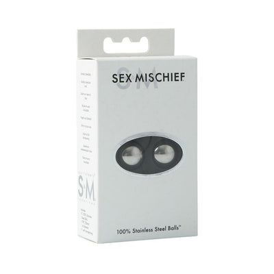 Packaging of Sex & Mischief 100% stainless steel balls with a small window showing two polished metal balls inside.