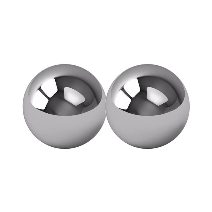 Pair of polished stainless steel balls with a smooth reflective surface for intimate play.