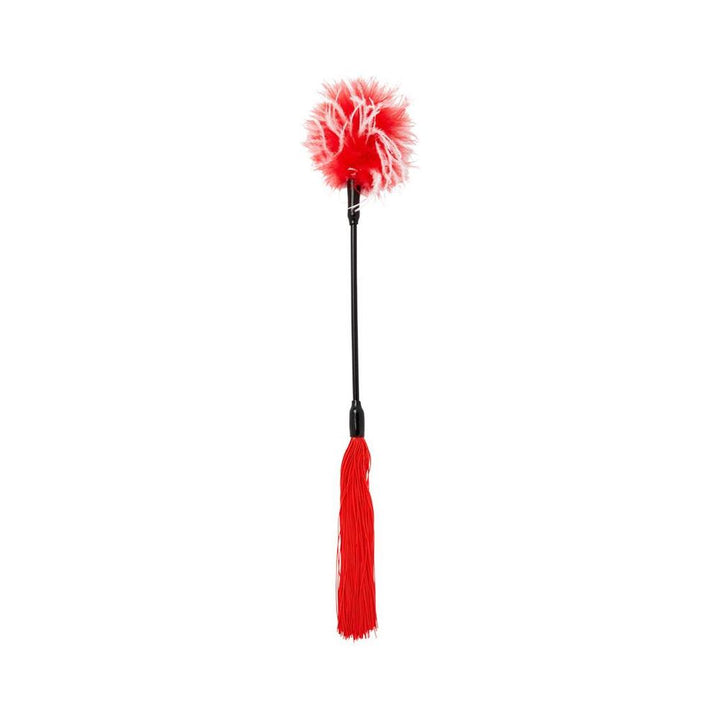 Black handle wand with red marabou feather tickler on one end and red rubber whip strands on the other.