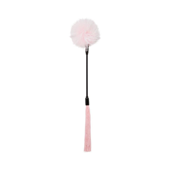 Black handle wand with soft pink feather tickler on one end and pink rubber whip strands on the other end.