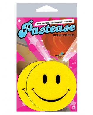 Bright yellow smiley face pasties in colorful Pastease branded packaging with playful design accents.