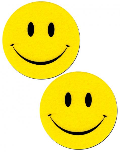 Pair of bright yellow smiley face pasties made from soft felt with black eyes and smiling mouth design.