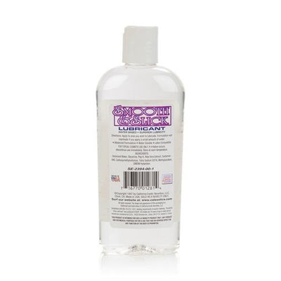 Clear 8 oz bottle of Smooth and Slick water based lubricant with white flip cap and detailed label on back.