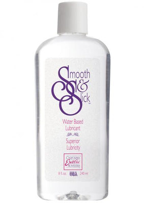 Clear 8 oz bottle of Smooth and Slick water based lubricant with white cap and purple label text.