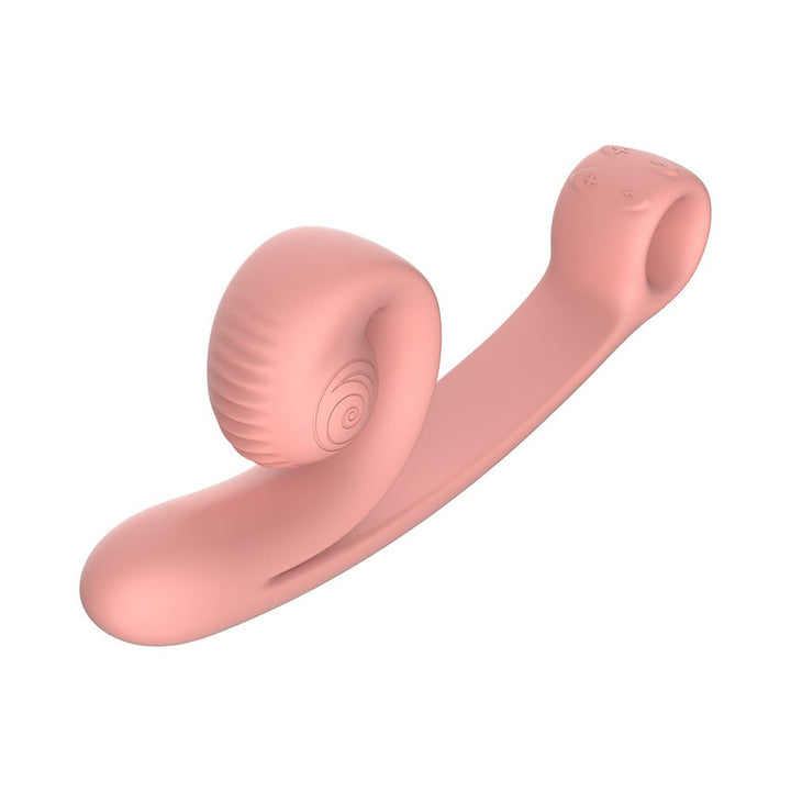 Ergonomic pink silicone Snail Vibe Curve vibrator with textured clitoral stimulator and curved G-spot design.