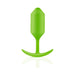 Green seamless silicone weighted plug with flexible neck and curved handle for comfortable wear.