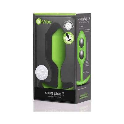 b-Vibe Snug Plug 3 in green silicone with weighted balls, packaged in a black and green box for extended wear comfort.