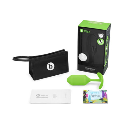 b-Vibe Snug Plug 3 in green with storage pouch, user guide, and anal play booklet displayed with packaging box.