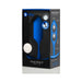 b-Vibe Snug Plug 4 weighted silicone plug in blue with ergonomic handle, displayed in black and blue retail packaging.