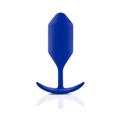 Blue silicone weighted snug plug with tapered tip and curved base for comfortable wear and easy removal.