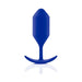 Blue silicone weighted snug plug with tapered tip and curved base for comfortable wear and easy removal.