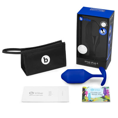 b-Vibe Weighted Snug Plug 4 in blue with storage pouch, user guide, and Guide to Anal Play booklet displayed with packaging box.