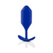Blue silicone weighted snug plug with tapered tip and curved base on white background with reflection.