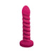 Magenta silicone vibrator with soft swirl texture and flat base, designed for waterproof use and USB rechargeable.