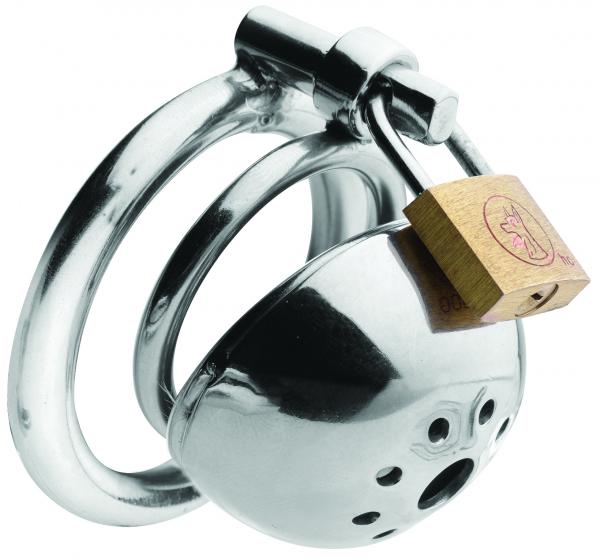 Silver stainless steel male chastity cage with dual base rings and a brass lock securing the device.