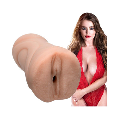 Sophie Dee Ultraskyn pocket pussy with lifelike texture shown alongside model in red lace lingerie.