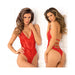 Front and back views of a model wearing a red lace teddy with a plunging neckline and strappy back detail.