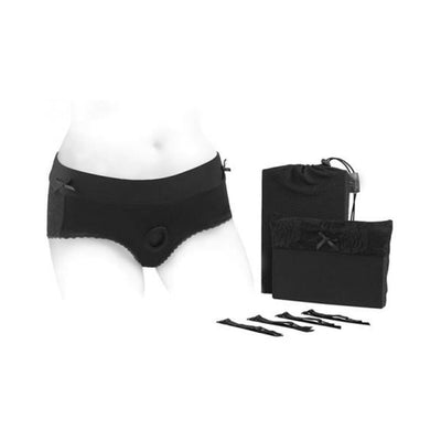 Black Bella Cleavage Booty Short Harness displayed on mannequin with storage bags and adjustable straps on white background.