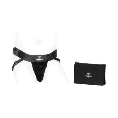 Black SpareParts Deuce Male Harness with dual openings and adjustable straps, shown with matching black storage pouch.