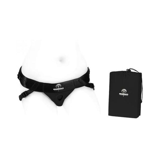Black Spareparts Joque double strap harness displayed on a model with branded storage pouch beside it.
