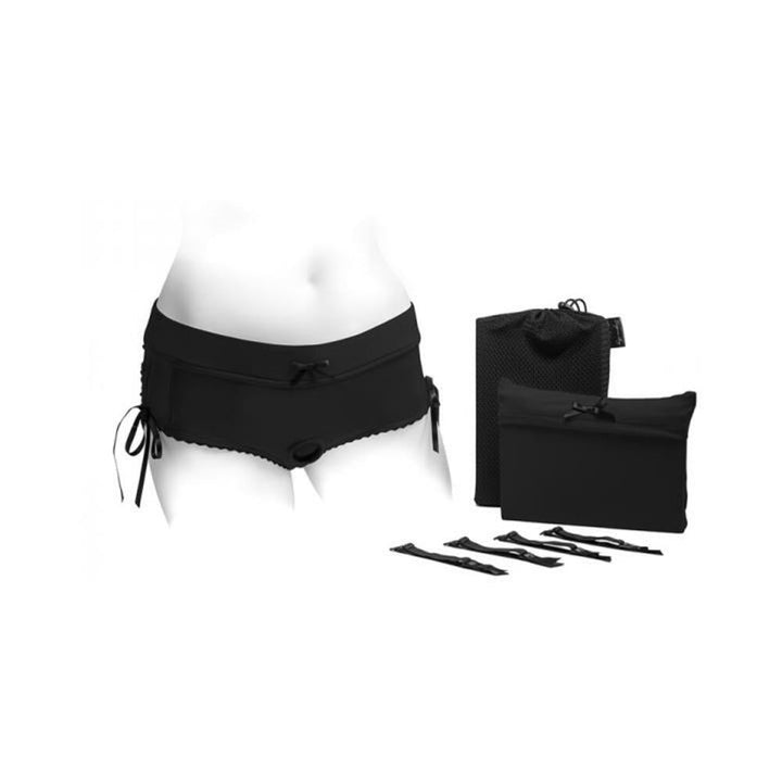 Black Sasha Cinch Booty Short Harness displayed on a mannequin with adjustable side ribbons, storage bags, and accessory straps.