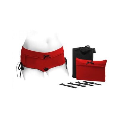 Red and black Sasha Cinch Booty Short Harness displayed on a mannequin with included storage bags and adjustable straps.