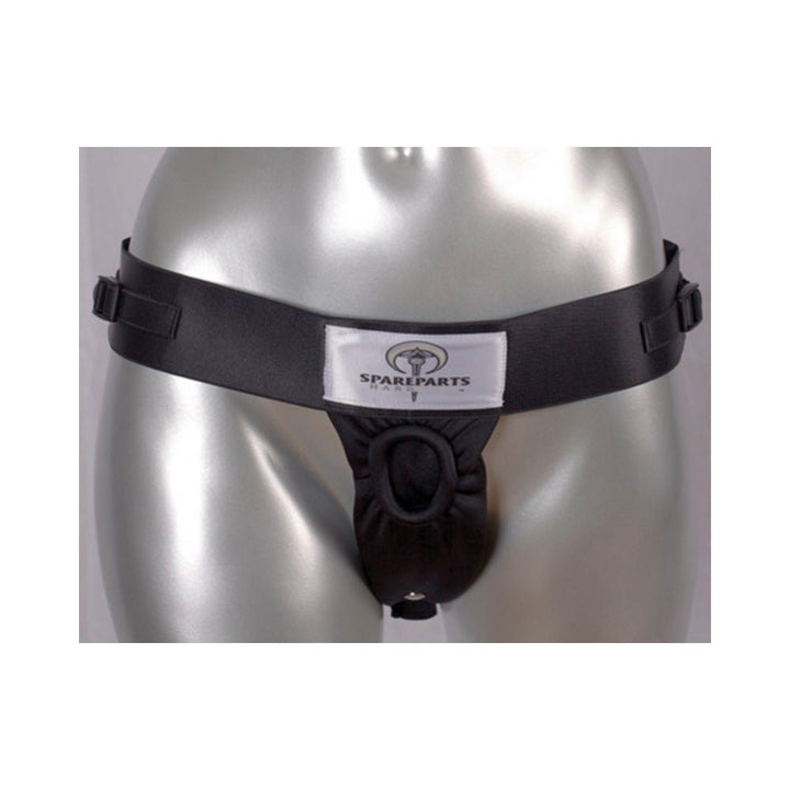 Black Spareparts Theo single strap harness displayed on a silver mannequin torso with adjustable waistband and central O-ring.