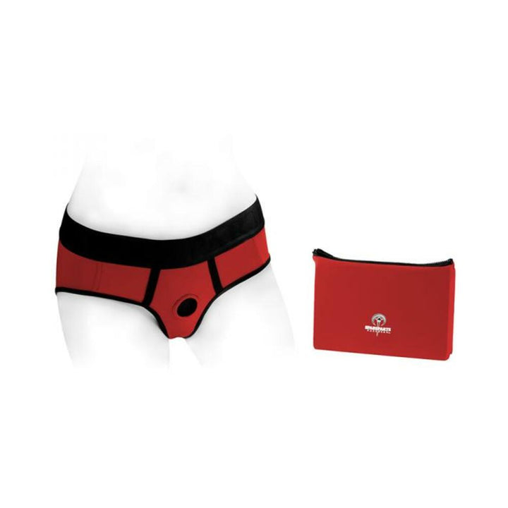 Red and black nylon briefs harness with O-ring detail and matching red zip pouch accessory.