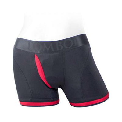 Black and red Tomboii nylon boxer briefs harness with contrast trim and waistband detail.