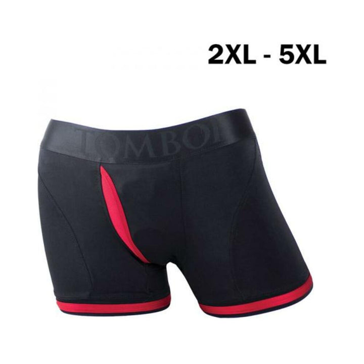Black and red Tomboii boxer briefs displayed as a sizing sample for 2XL to 5XL sizes.